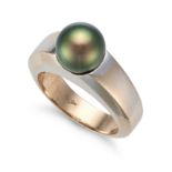 A BLACK PEARL RING set with a black pearl of 8.7mm, stamped 750, size N / 6.75, 13.0g.