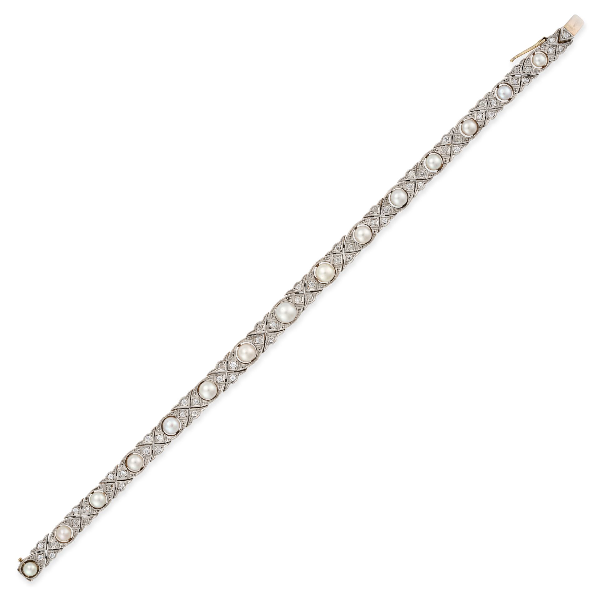 AN ANTIQUE PEARL AND DIAMOND BRACELET, CIRCA 1910 the pierced bracelet set with a row of pearls, ...