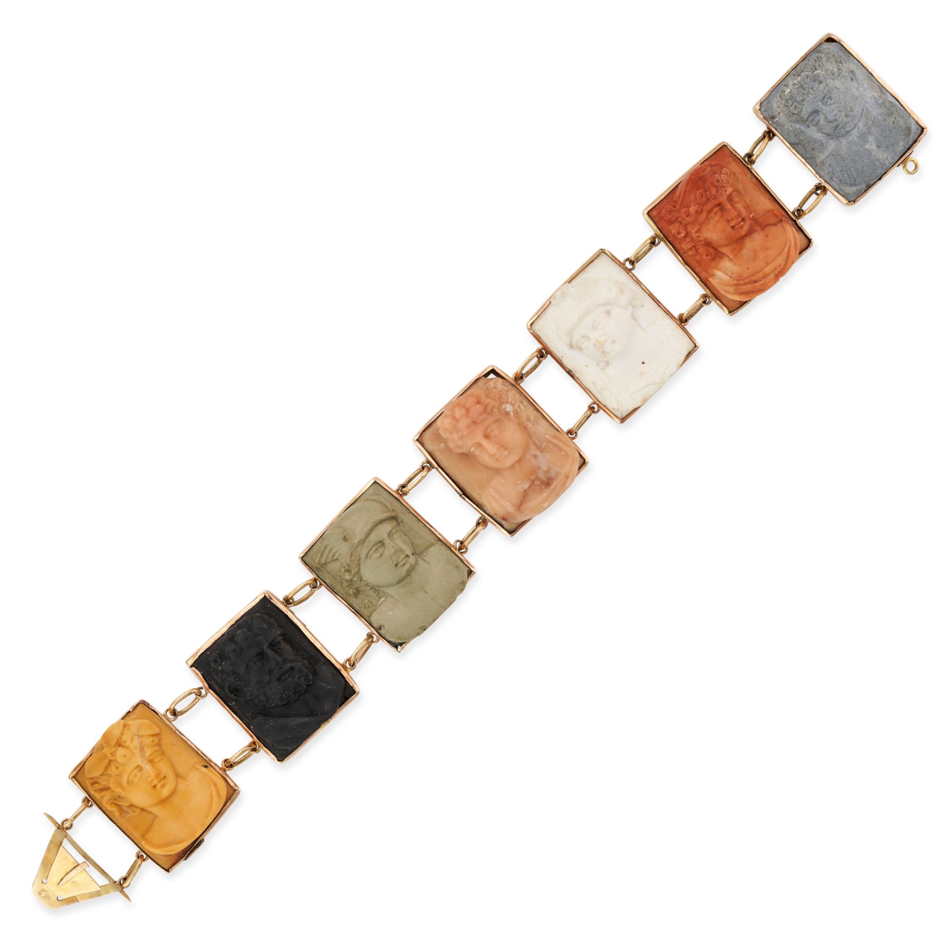 AN ANTIQUE HARDSTONE AND LAVA CAMEO BRACELET in yellow gold, comprising a row of seven hardstone ...