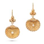 A PAIR OF ANTIQUE PEARL SHELL DROP EARRINGS in yellow gold, each designed as a shell set with a p...