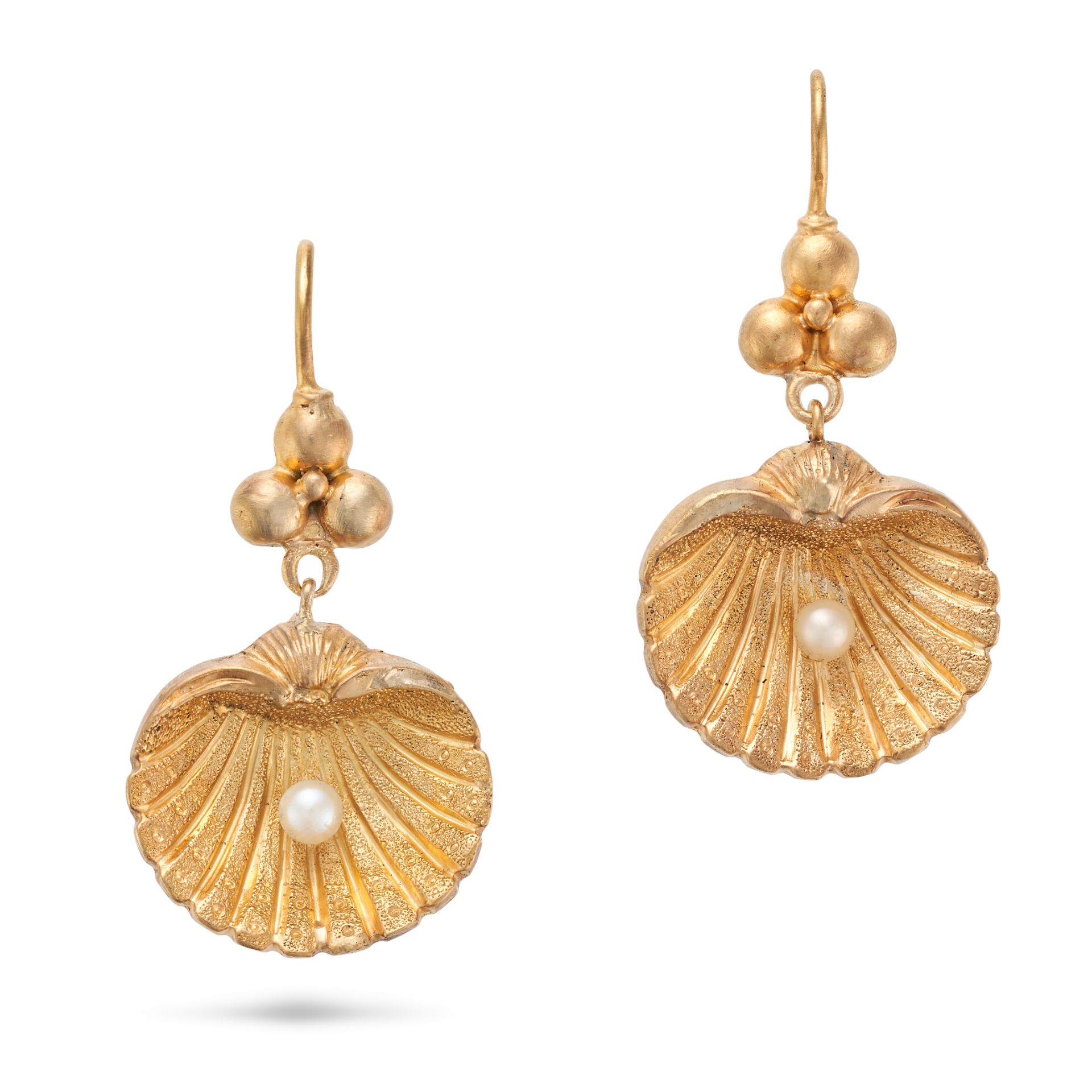 A PAIR OF ANTIQUE PEARL SHELL DROP EARRINGS in yellow gold, each designed as a shell set with a p...