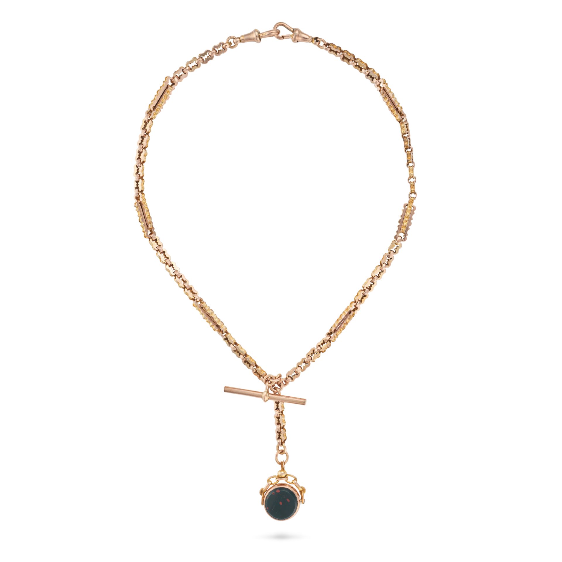 AN ANTIQUE BLOODSTONE AND CARNELIAN ALBERT CHAIN in 9ct yellow gold, comprising a row of fancy li...