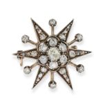 AN ANTIQUE DIAMOND STAR BROOCH in yellow gold and silver, designed as a six rayed star set throug...