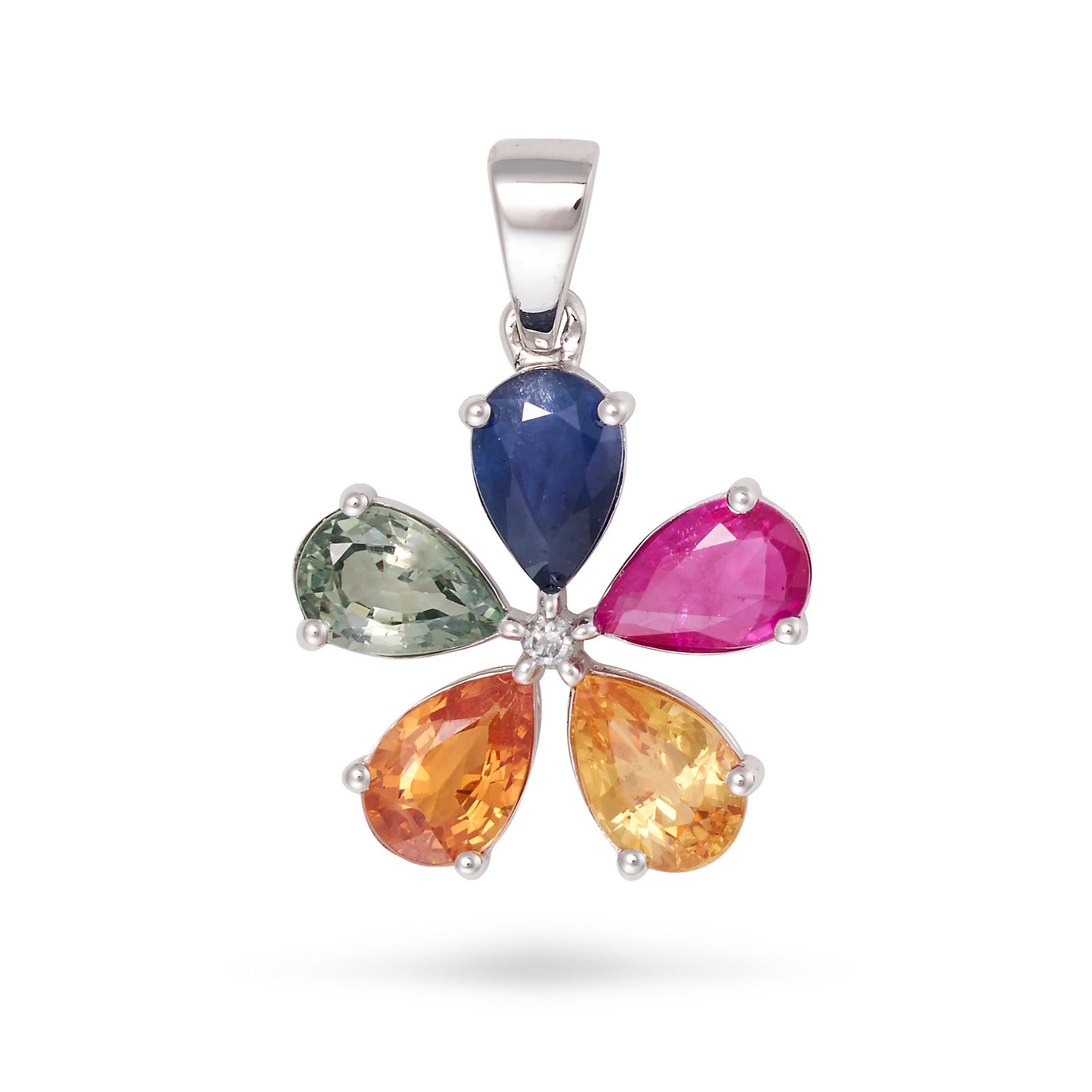 A MULTICOLOUR SAPPHIRE AND DIAMOND FLOWER PENDANT set with a round cut diamond in a cluster of pe...