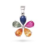 A MULTICOLOUR SAPPHIRE AND DIAMOND FLOWER PENDANT set with a round cut diamond in a cluster of pe...