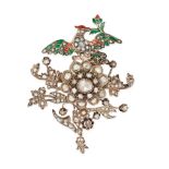 AN ANTIQUE DIAMOND, RUBY AND ENAMEL EN TREMBLANT BROOCH in yellow gold and silver, designed as a ...