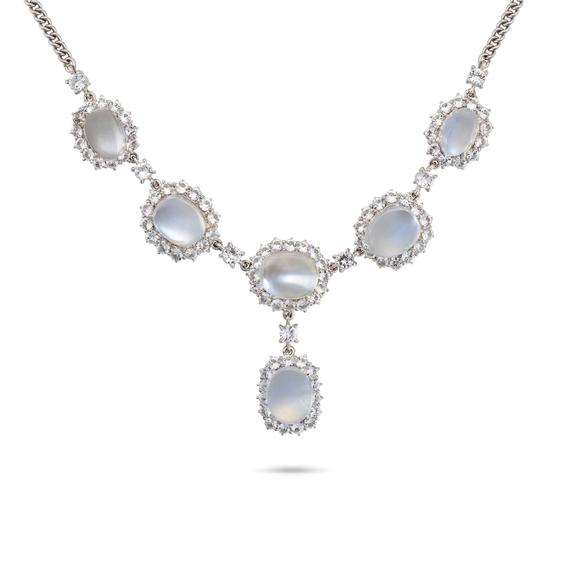 A MOONSTONE AND WHITE SAPPHIRE NECKLACE comprising a row of five oval cut moonstones in a cluster...