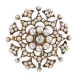 AN ANTIQUE DIAMOND AND PEARL SNOWFLAKE BROOCH designed as a stylised snowflake set with an old cu...