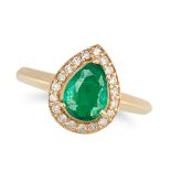 AN EMERALD AND DIAMOND CLUSTER RING set with a pear cut emerald in a cluster of round cut diamond...