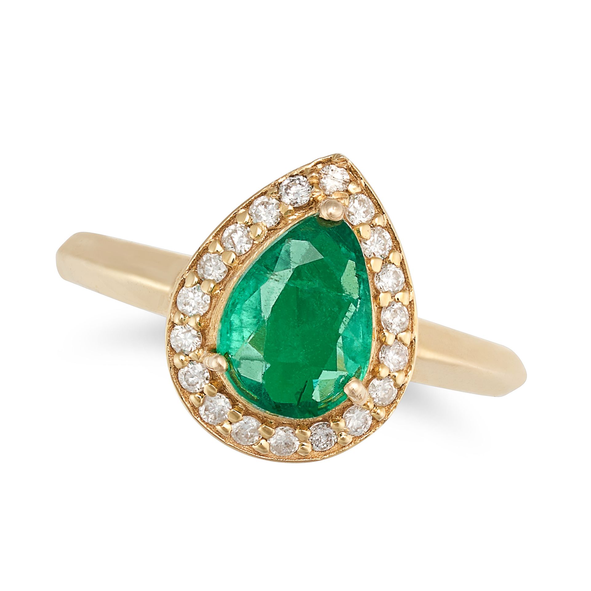 AN EMERALD AND DIAMOND CLUSTER RING set with a pear cut emerald in a cluster of round cut diamond...