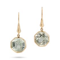 A PAIR OF PRASIOLITE DROP EARRINGS each suspending an octagonal step cut prasiolite drop, no assa...