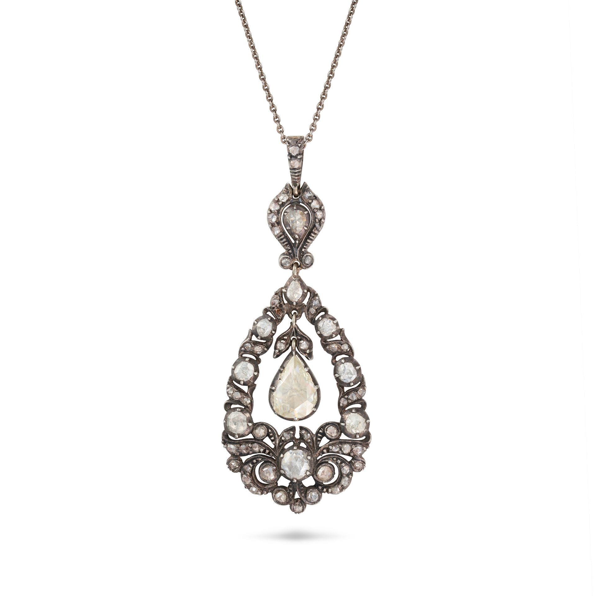 AN ANTIQUE DIAMOND PENDANT NECKLACE the pear shaped pendant set throughout with rose cut diamonds...