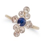 A SAPPHIRE AND DIAMOND DRESS RING set with a round cut sapphire accented by old cut diamonds, no ...