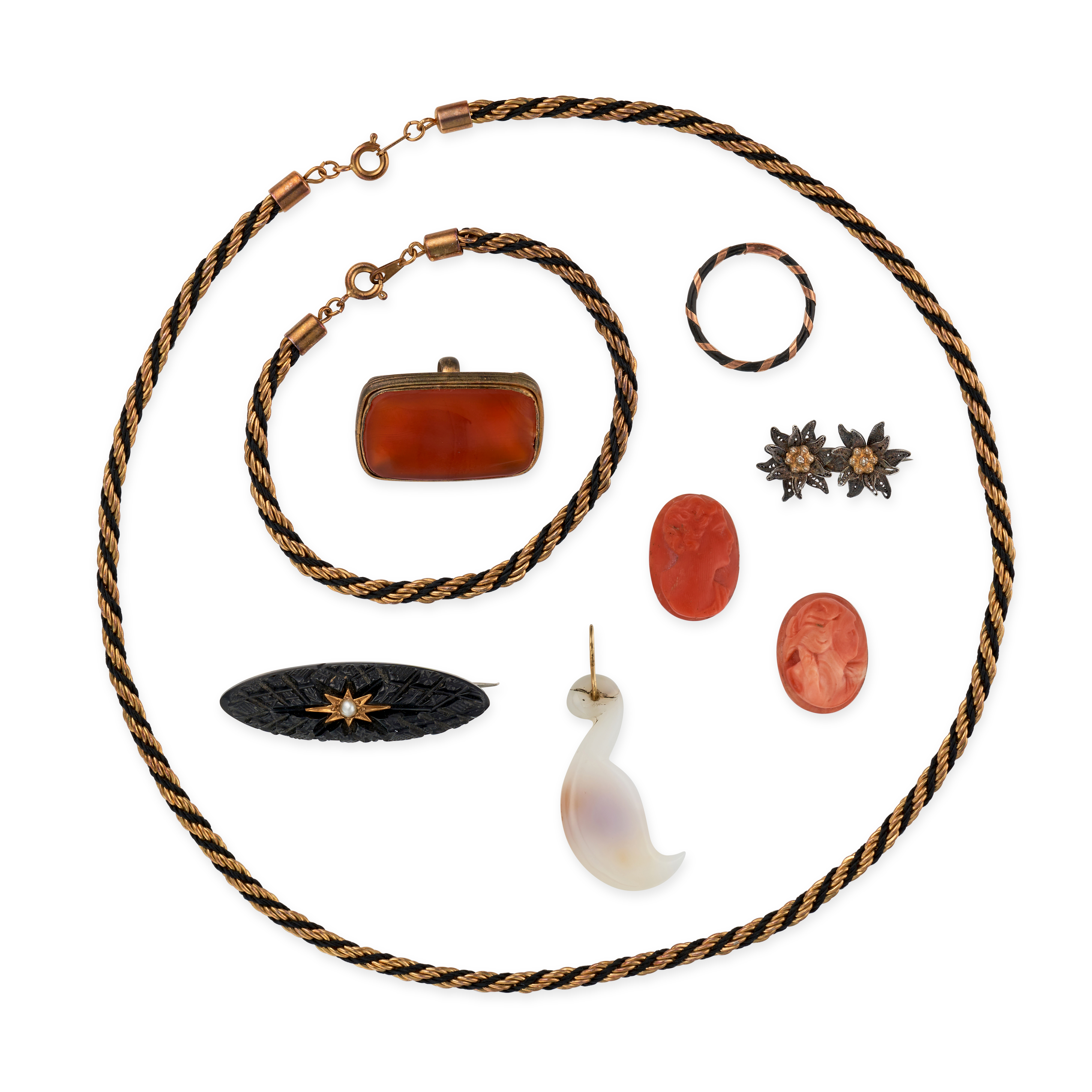 NO RESERVE - A COLLECTION OF JEWELLERY comprising an agate duck pendant 4.4cm, two coral cameos d...