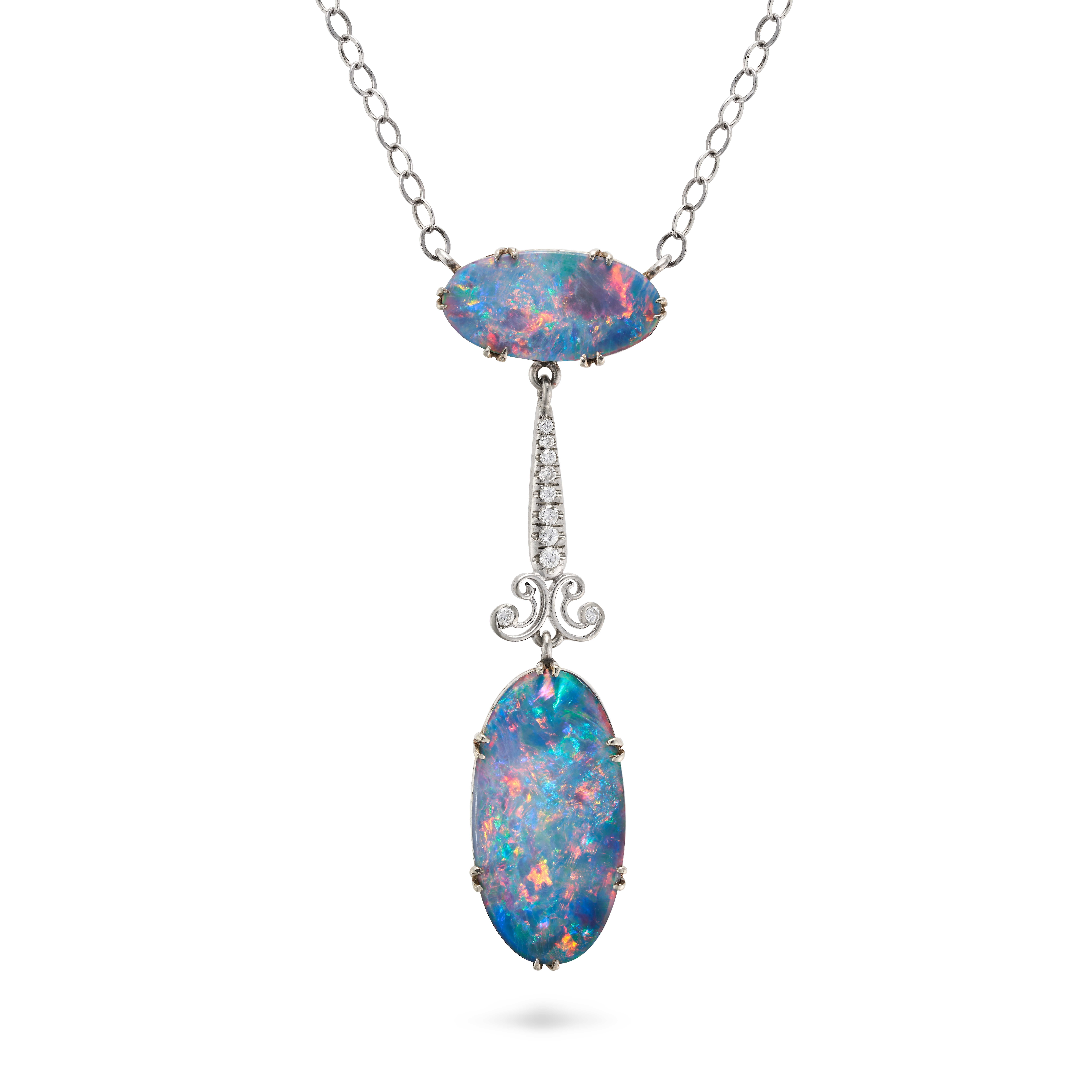 AN OPAL DOUBLET AND DIAMOND PENDANT NECKLACE the pendant set with an oval opal doublet suspending...