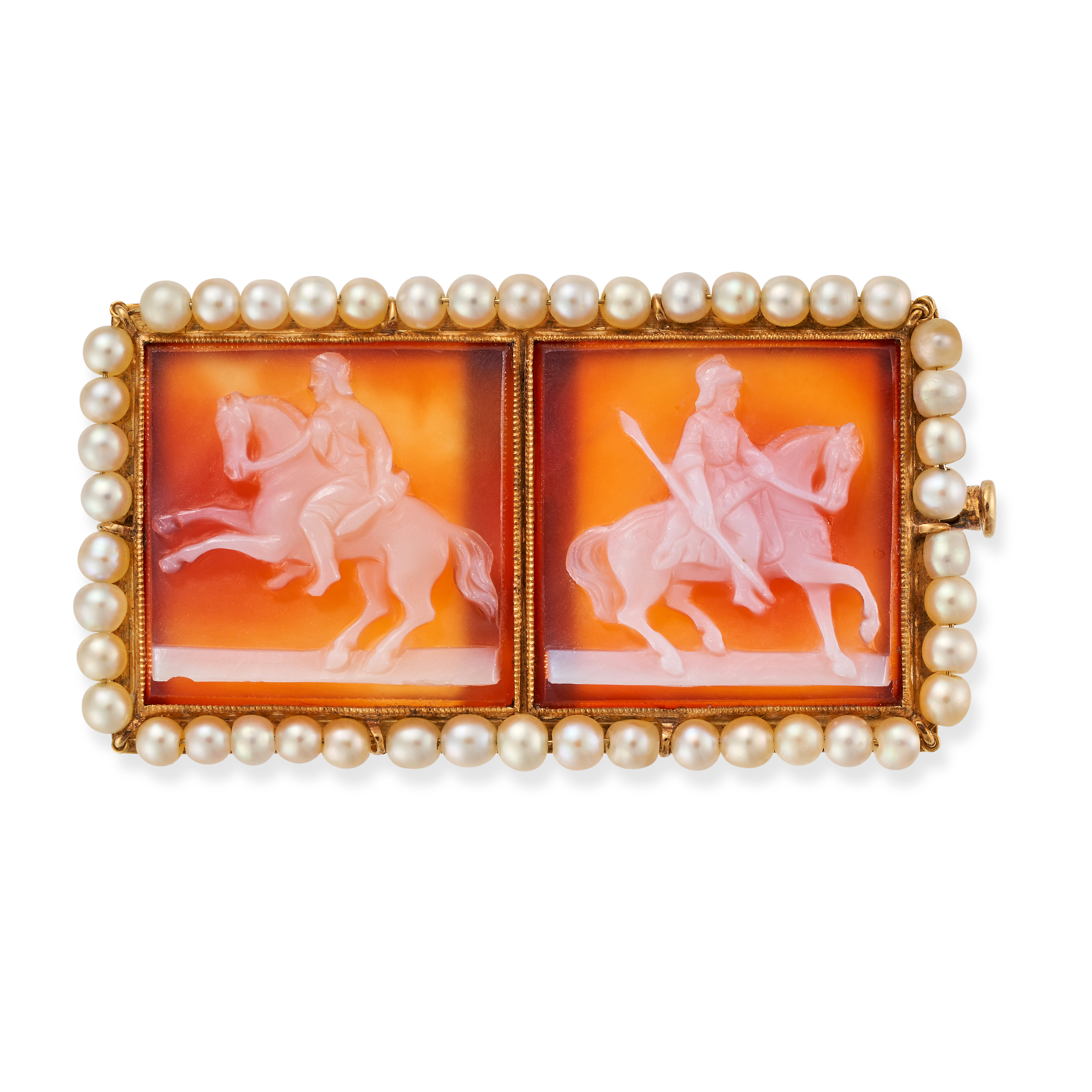 AN ANTIQUE FRENCH CARNELIAN CAMEO AND PEARL BROOCH in 18ct yellow gold, set with two carnelian ca...