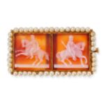 AN ANTIQUE FRENCH CARNELIAN CAMEO AND PEARL BROOCH in 18ct yellow gold, set with two carnelian ca...