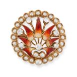 AN ANTIQUE DIAMOND, ENAMEL AND PEARL BROOCH / PENDANT in yellow gold, designed as a stylised flow...