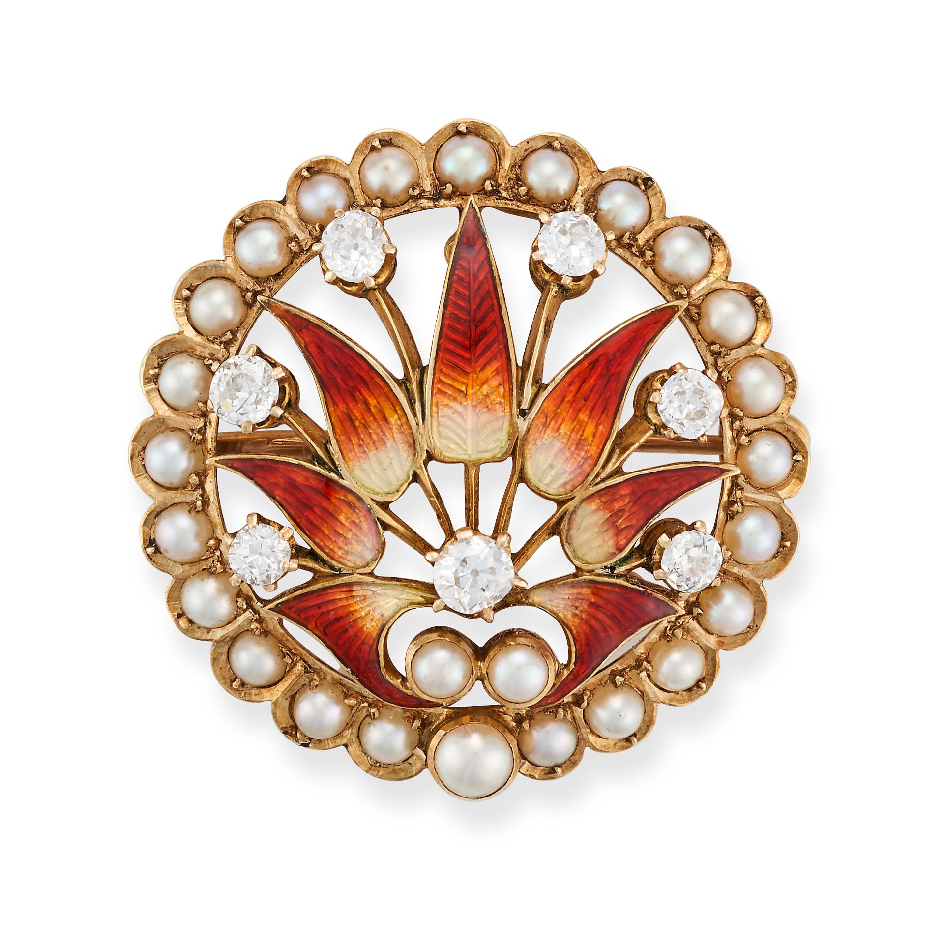 AN ANTIQUE DIAMOND, ENAMEL AND PEARL BROOCH / PENDANT in yellow gold, designed as a stylised flow...