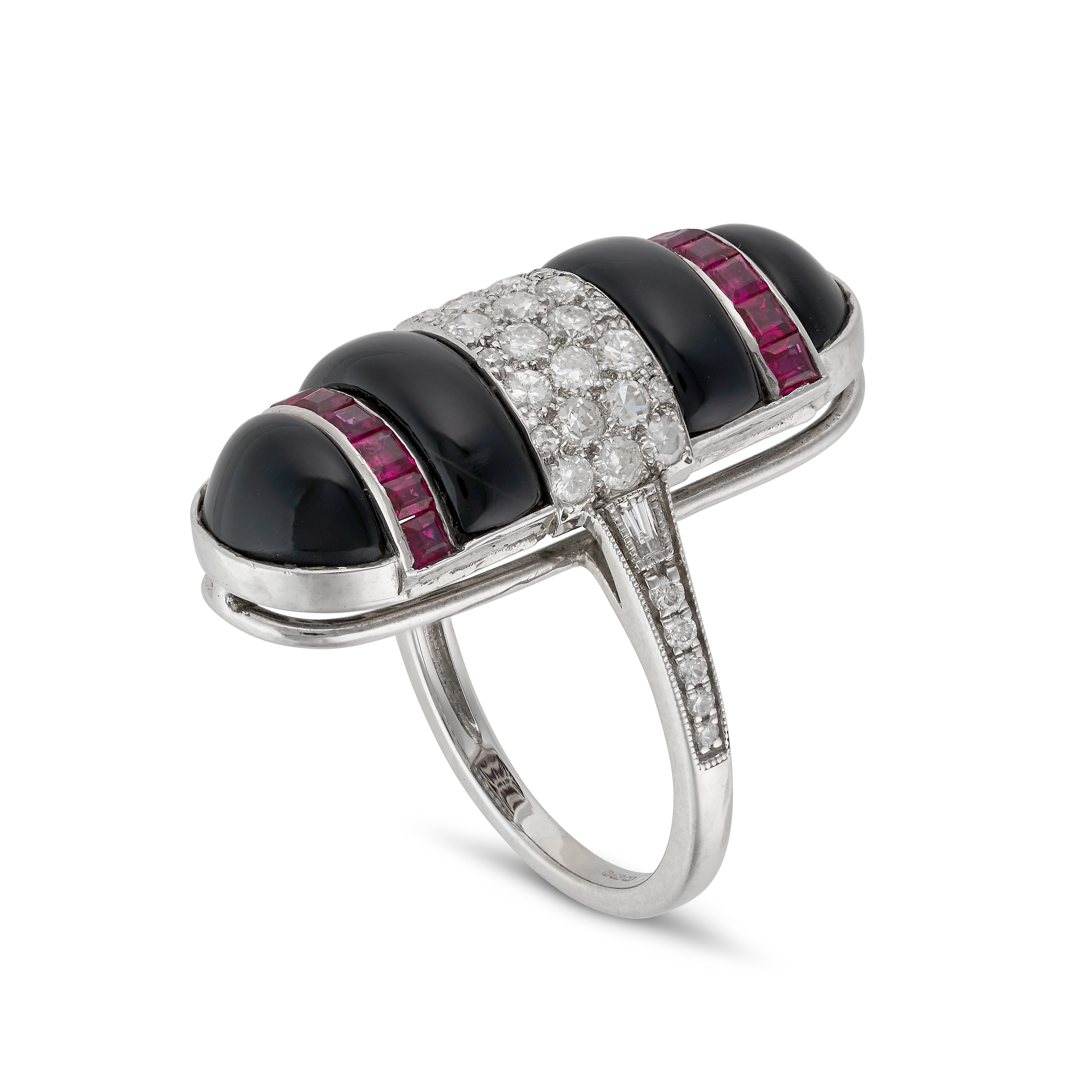 A DIAMOND, ONYX AND RUBY DRESS RING in 18ct white gold, the oval face comprising pave set round b... - Image 2 of 2