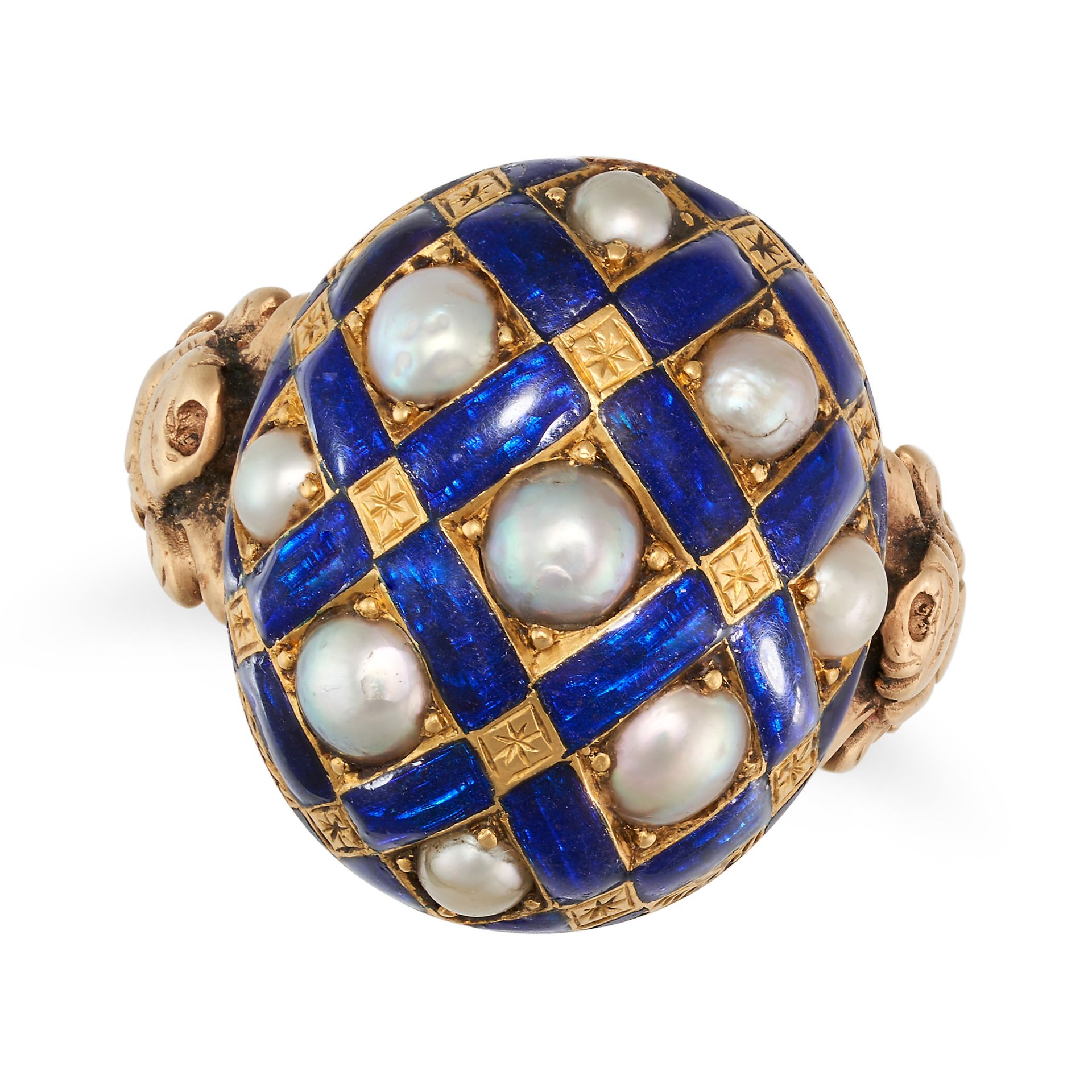 AN ANTIQUE PEARL AND ENAMEL RING in yellow gold, the domed oval face set with pearls accented by ...