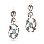 A PAIR OF AQUAMARINE AND DIAMOND DROP EARRINGS in yellow gold and silver, the scrolling openwork ...