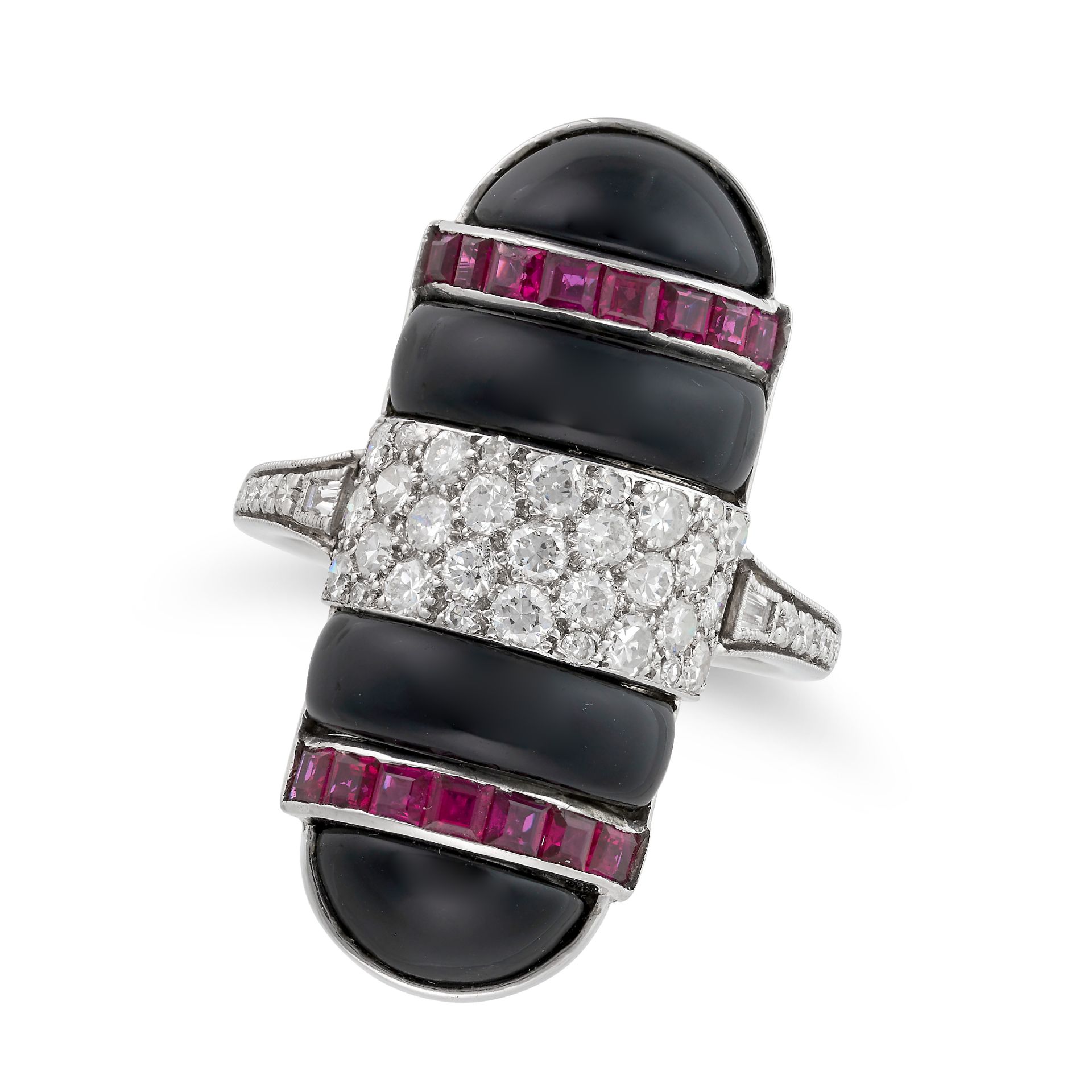 A DIAMOND, ONYX AND RUBY DRESS RING in 18ct white gold, the oval face comprising pave set round b...