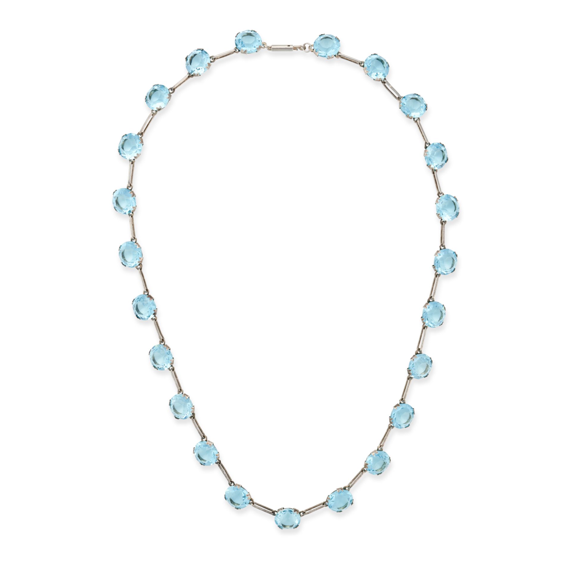 A BLUE ZIRCON NECKLACE comprising a row of round cut blue zircon, no assay marks, 40.5cm, 14.2g.