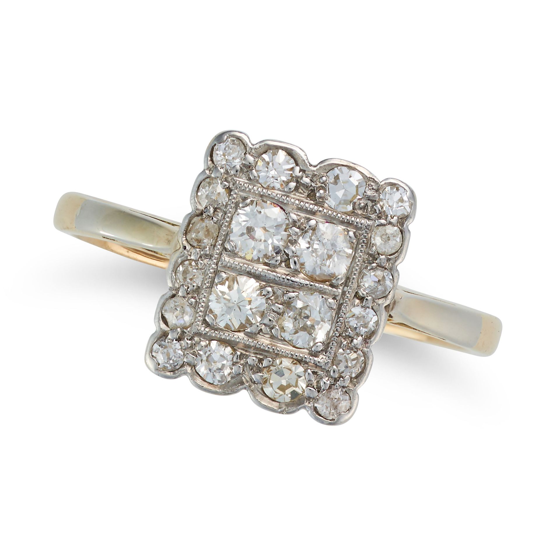 A DIAMOND DRESS RING the rectangular face set throughout with old and round cut diamonds, the dia...