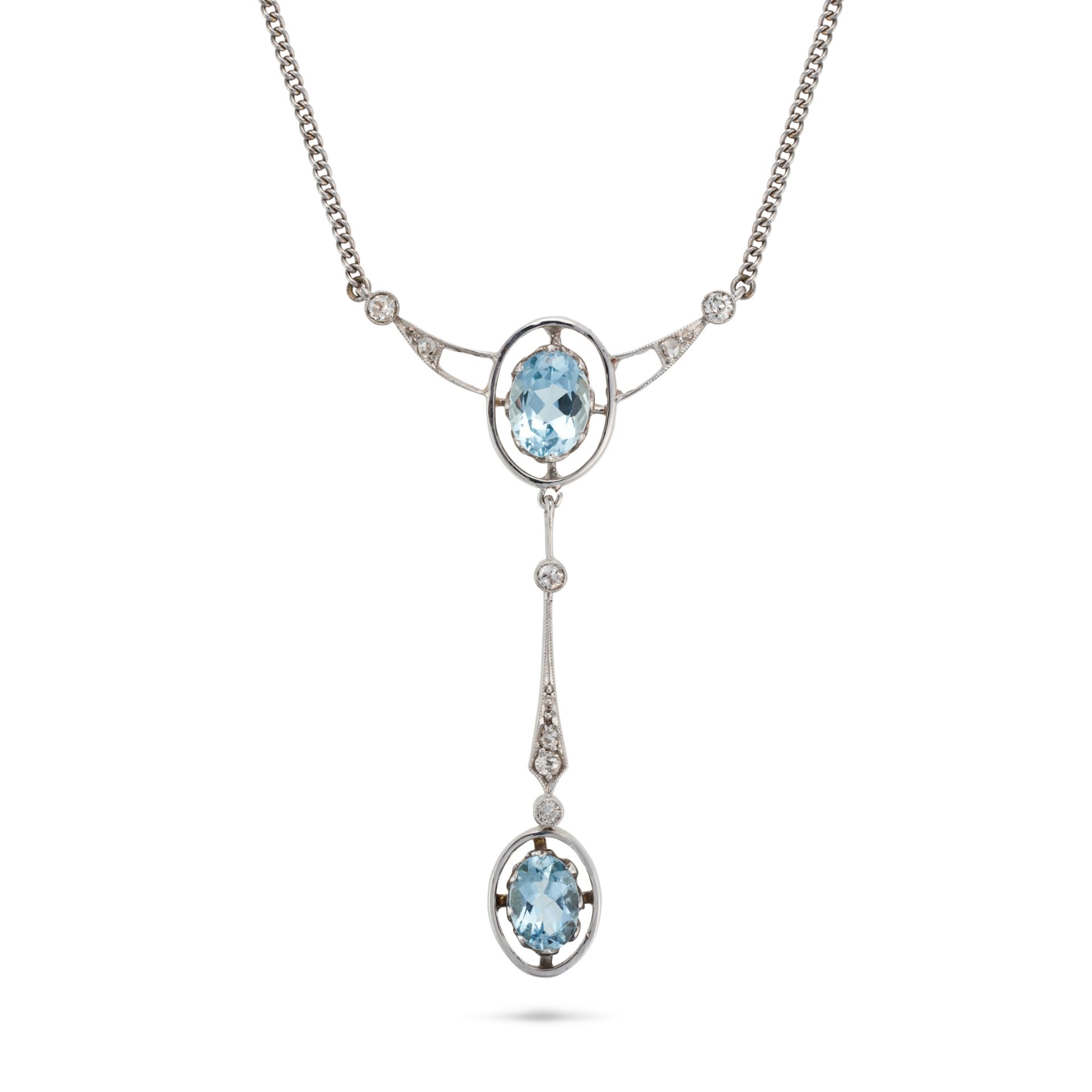 AN AQUAMARINE AND DIAMOND PENDANT NECKLACE the pendant set with an oval cut aquamarine accented b...