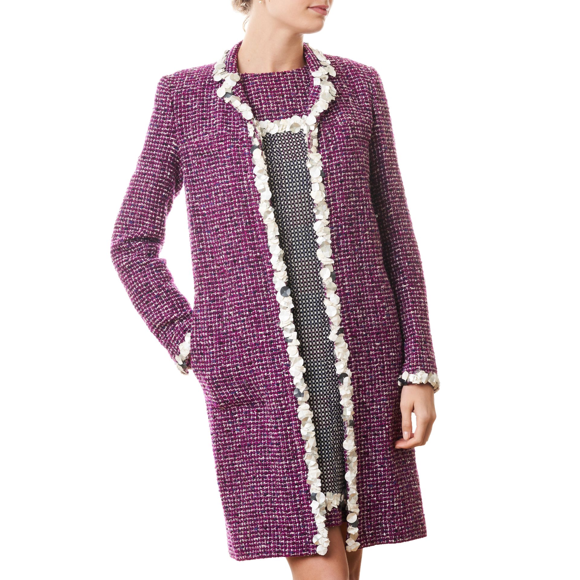 CHANEL PURPLE TWEED JACKET AND DRESS SET