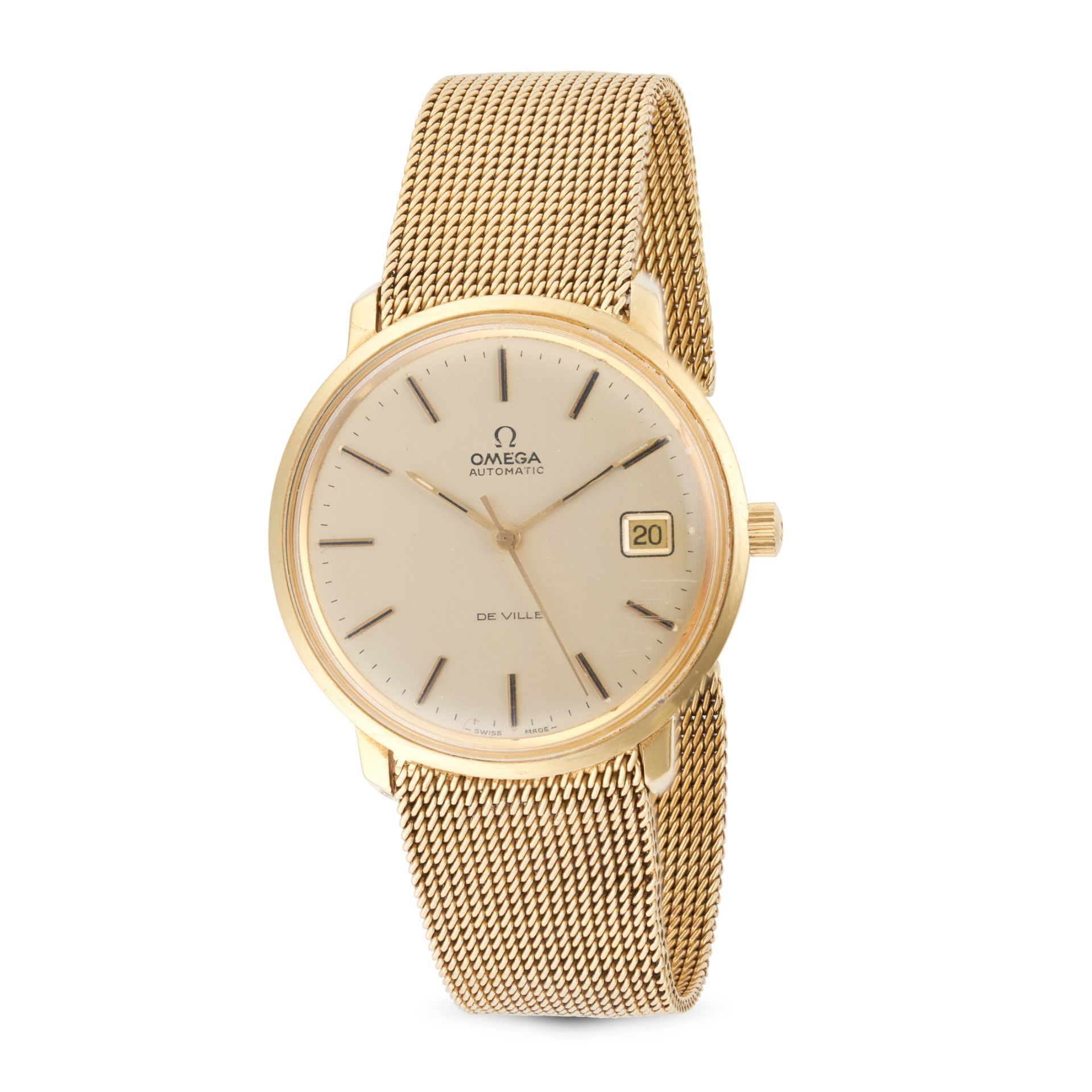 OMEGA, A VINTAGE AUTOMATIC DE VILLE WRISTWATCH in 18ct yellow gold, champagne dial with applied b...