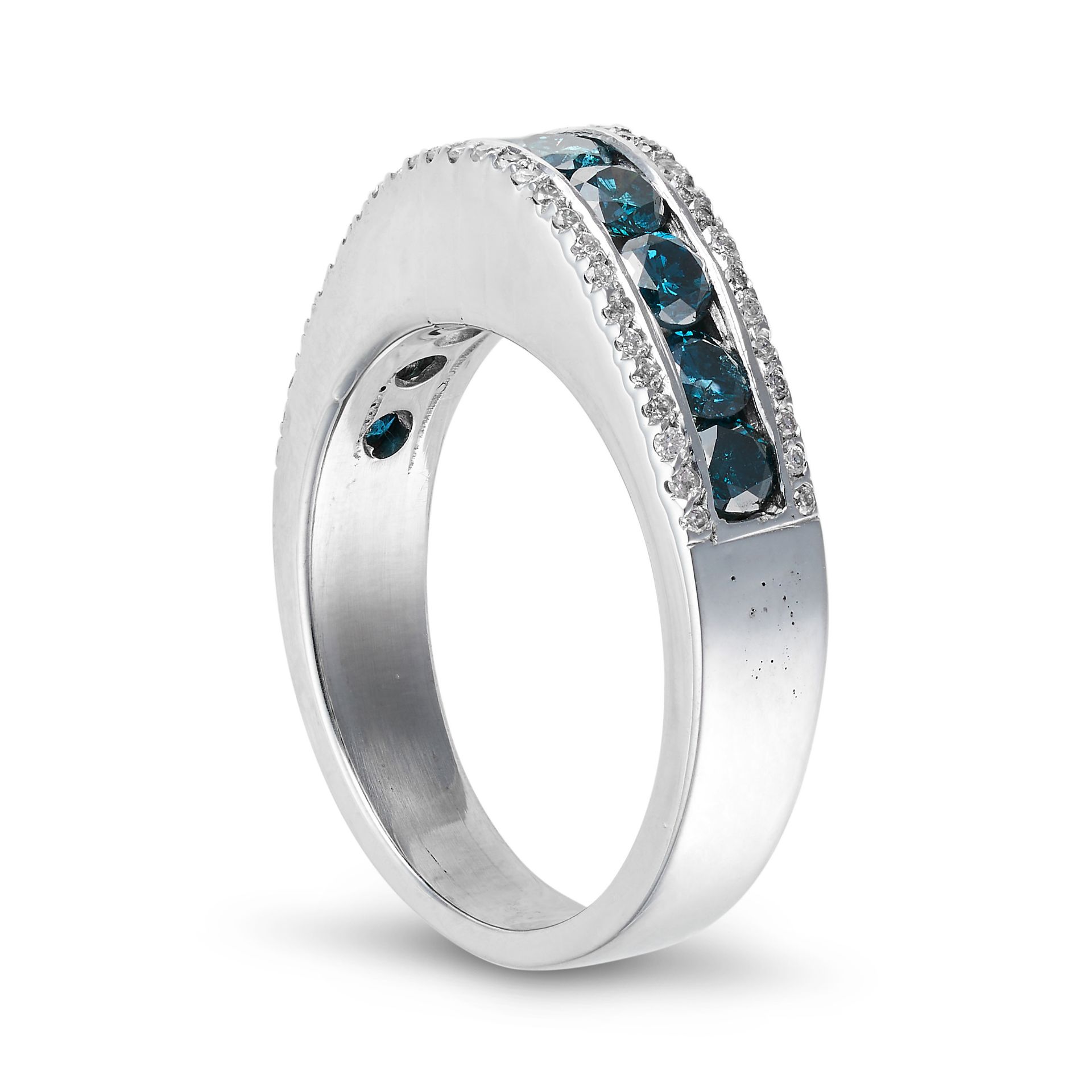 A BLUE AND WHITE DIAMOND RING set with a row of irradiated round cut blue diamonds in a border of... - Image 2 of 2