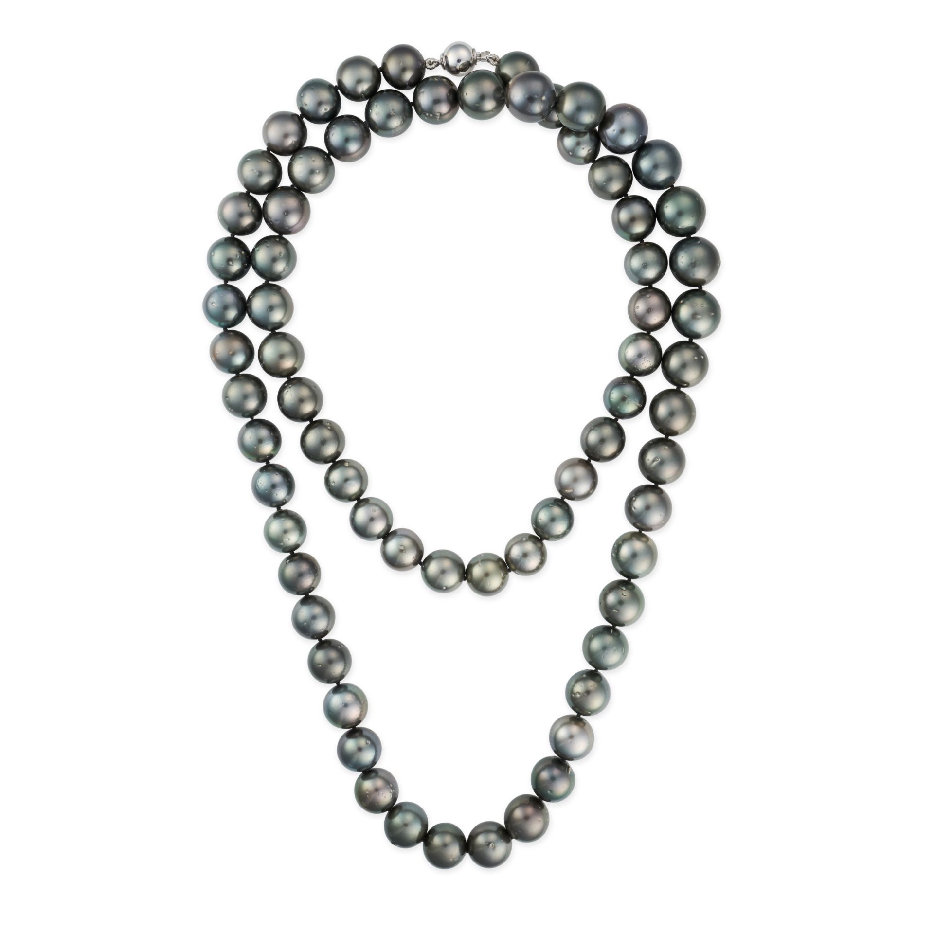 A TAHITIAN PEARL NECKLACE comprising a single row of black pearls ranging from 13.0mm to 15.0mm, ...