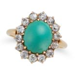 A TURQUOISE AND DIAMOND CLUSTER RING set with a cabochon turquoise in a cluster of old cut diamon...