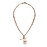 AN ANTIQUE ALBERT CHAIN in 9ct rose gold, comprising a curb chain with two dog clips, suspending ...