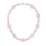A ROSE QUARTZ, PEARL AND EMERALD NECKLACE comprising a row of polished rose quartz beads, pink an...