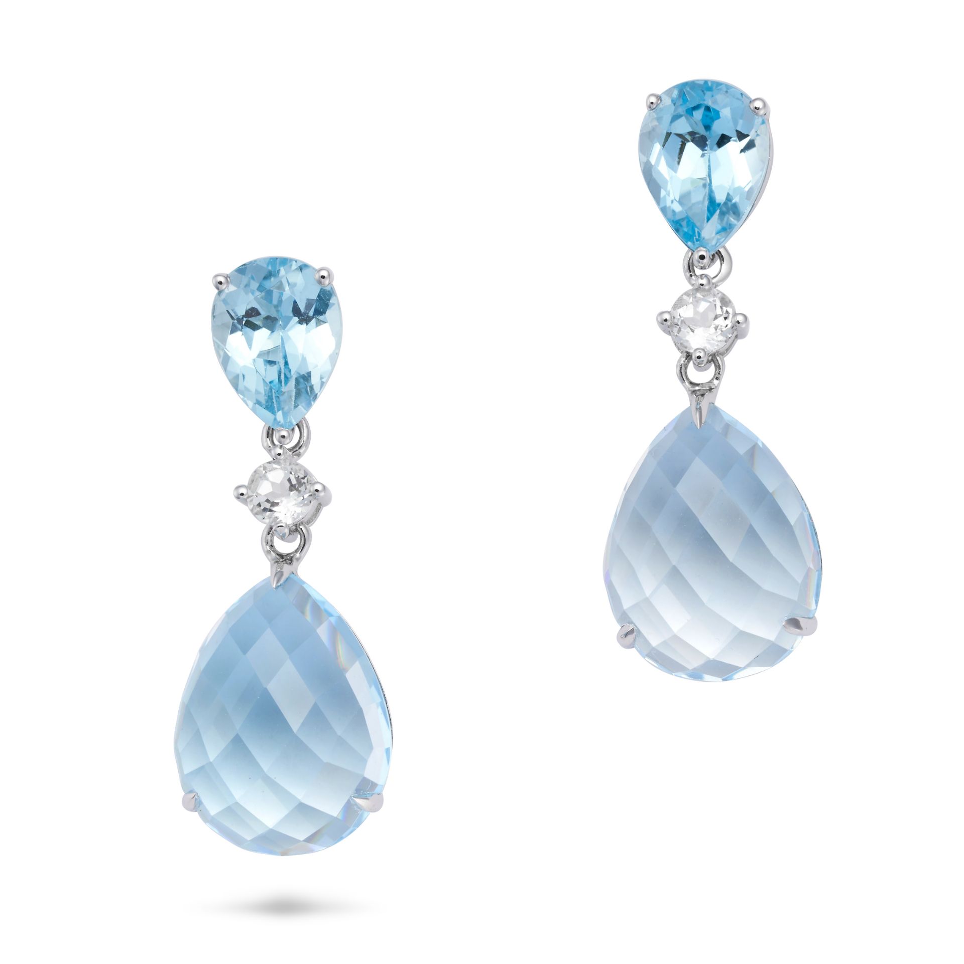 A PAIR OF BLUE TOPAZ AND WHITE SAPPHIRE DROP EARRINGS each set with a pear cut blue topaz suspend...