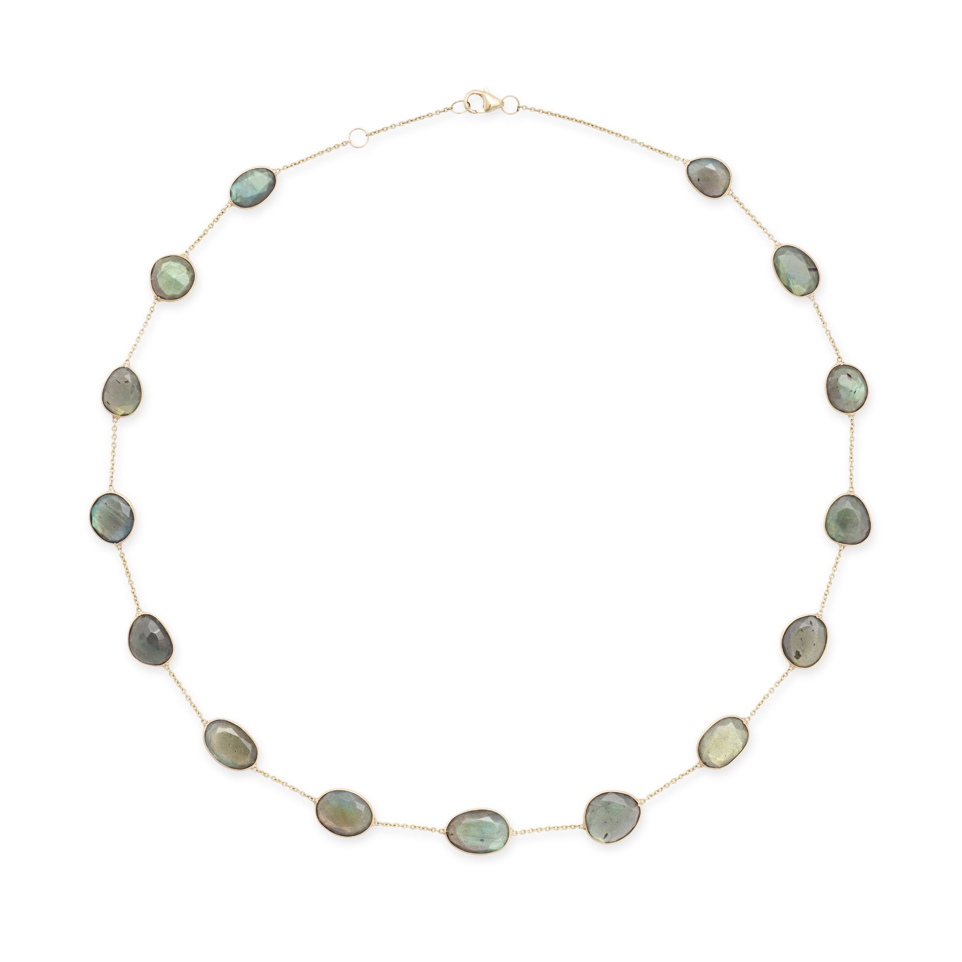 A LABRADORITE CHAIN NECKLACE the chain set with faceted labradorites, stamped 585, 46.5cm, 9.8g.