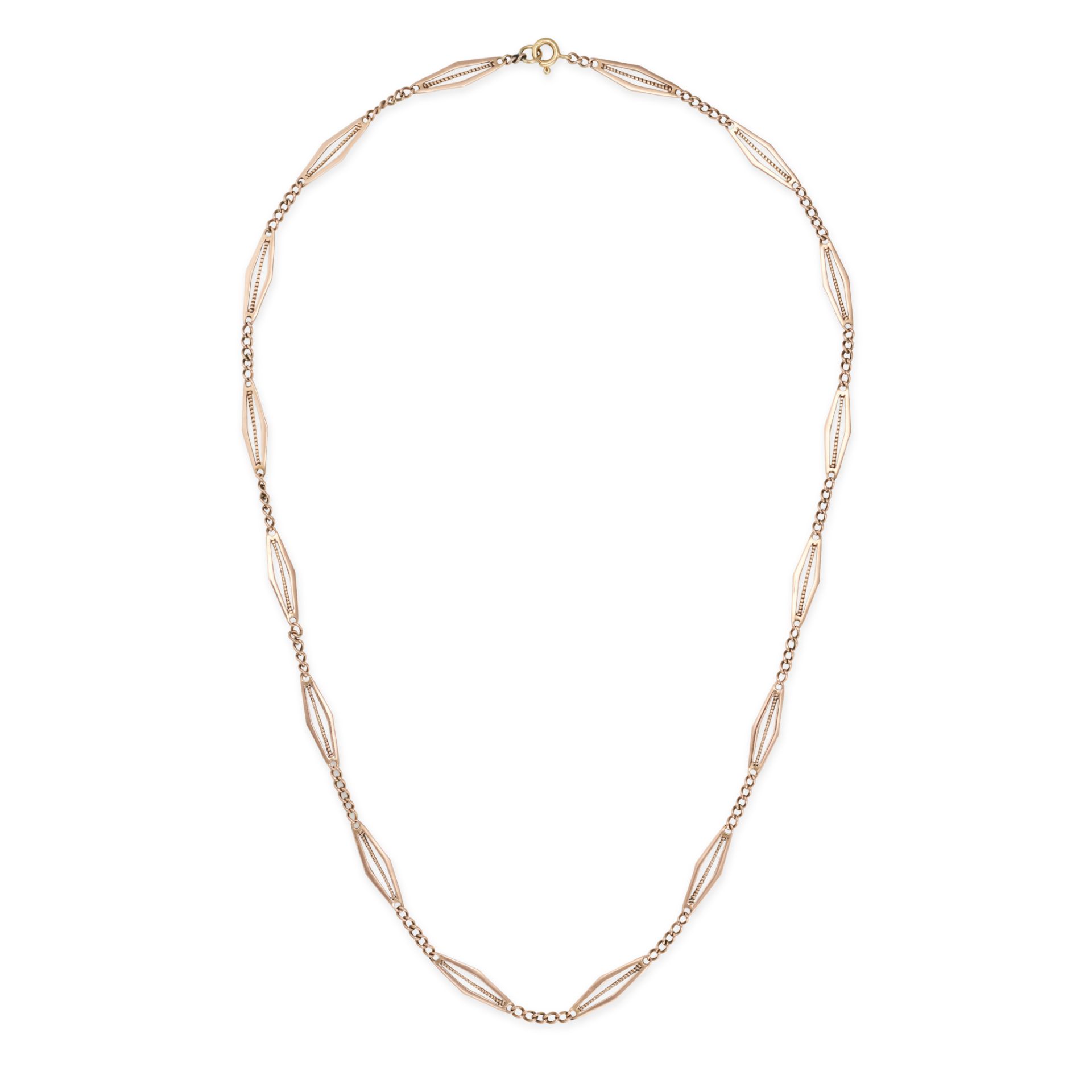 A CHAIN NECKLACE comprising a row of curb and fancy links, clasp stamped 750, 52.0cm, 7.0g.