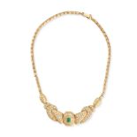AN EMERALD AND WHITE GEMSTONE NECKLACE the stylised pendant set with an octagonal step cut emeral...