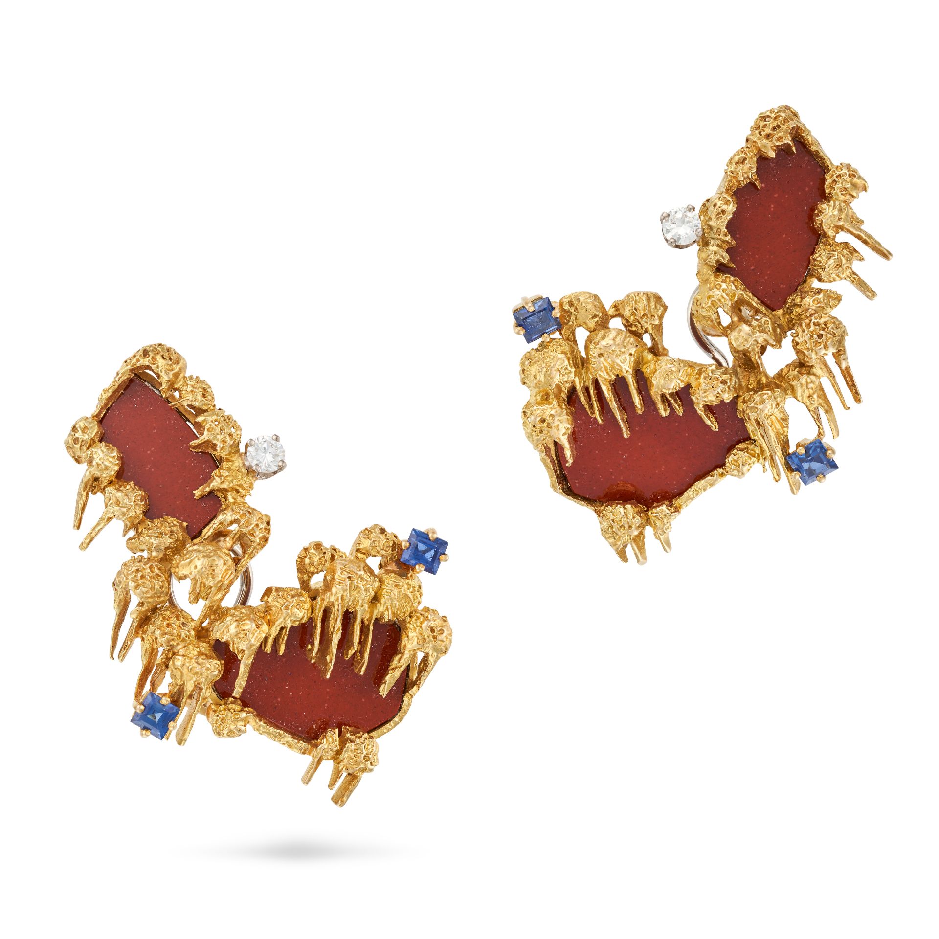 GUBELIN, A PAIR OF MODERNIST JASPER, SAPPHIRE AND DIAMOND EARRINGS in 18ct yellow gold, each set ...