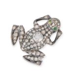 AN ANTIQUE DIAMOND AND EMERALD FROG BROOCH in silver, designed as a frog set with an old cut diam...