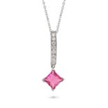 A PINK TOURMALINE AND DIAMOND PENDANT NECKLACE in 18ct white gold, the pendant set with a row of ...