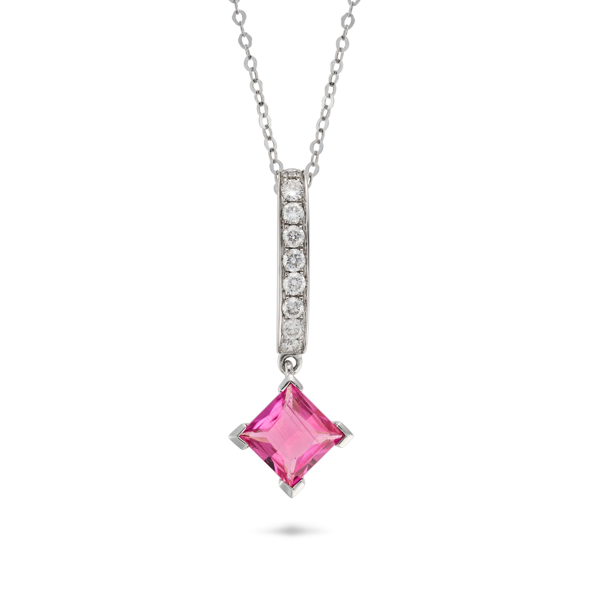 A PINK TOURMALINE AND DIAMOND PENDANT NECKLACE in 18ct white gold, the pendant set with a row of ...