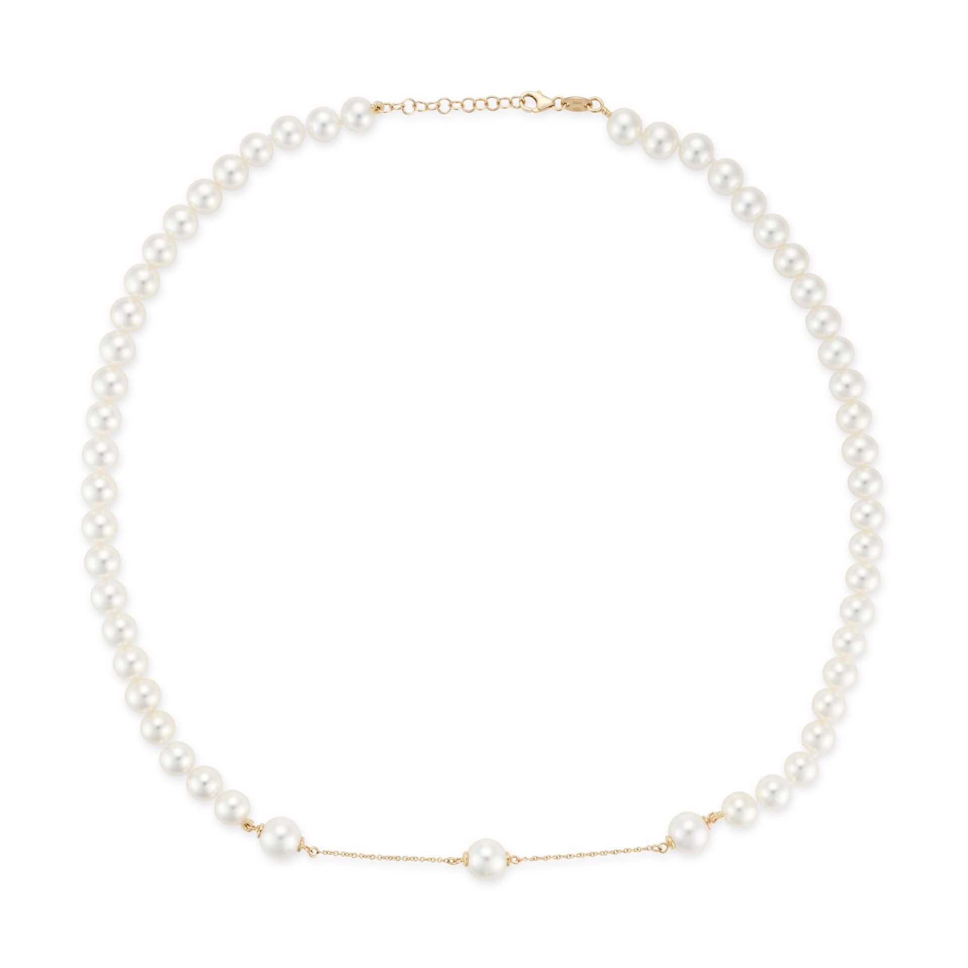 A PEARL NECKLACE comprising a single row of pearls, the central section connected by a length of ...