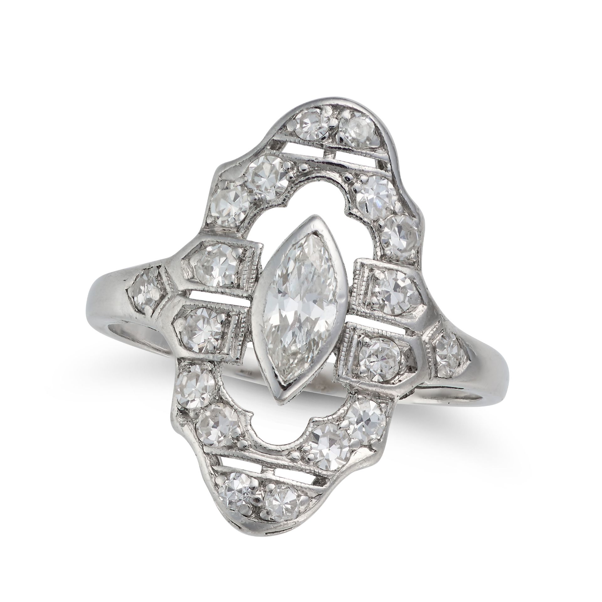 A DIAMOND DRESS RING the openwork face set with a marquise cut diamond, accented by a border of s...