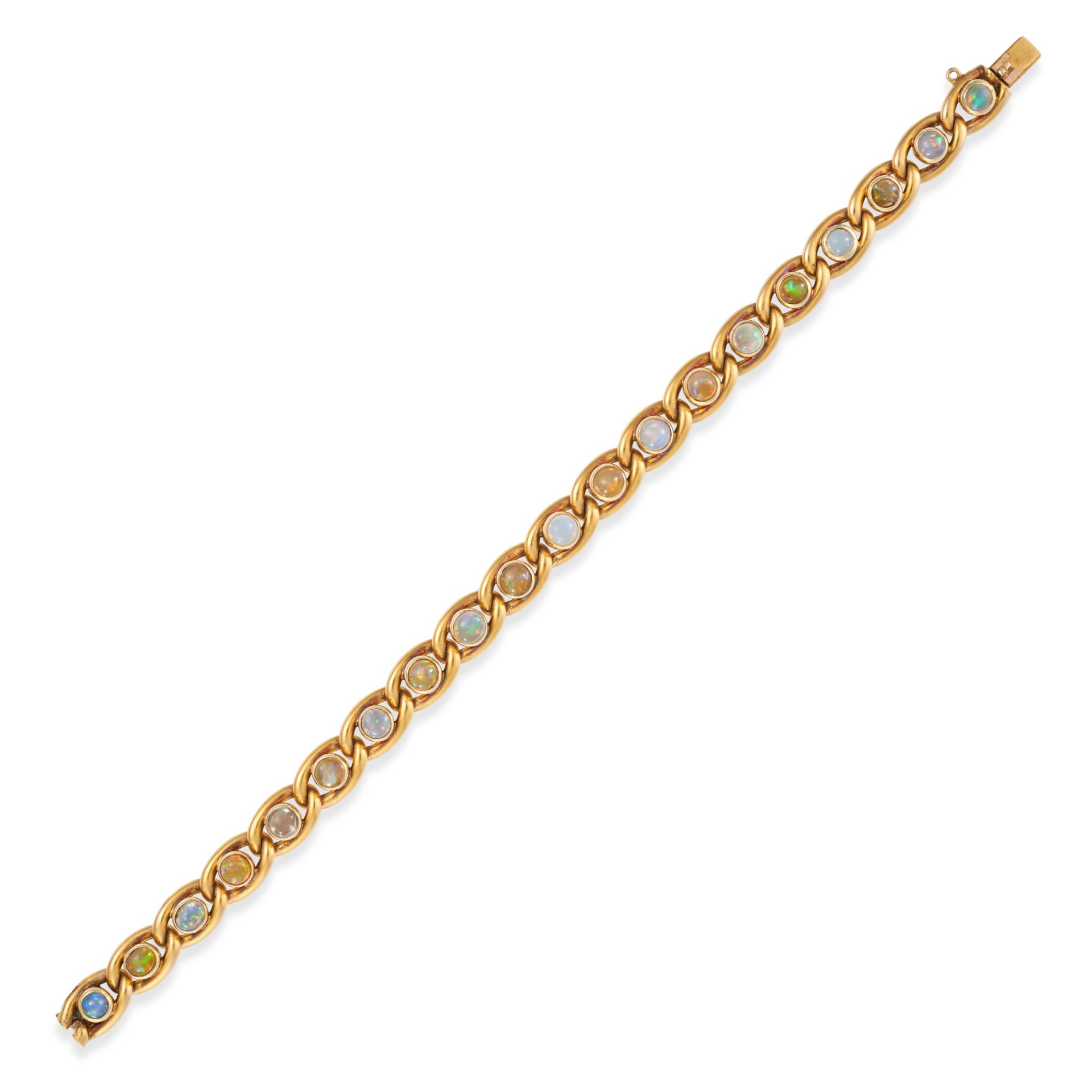 AN OPAL BRACELET in 18ct yellow gold, set with a row of round cabochon cut opals in a fancy link ...