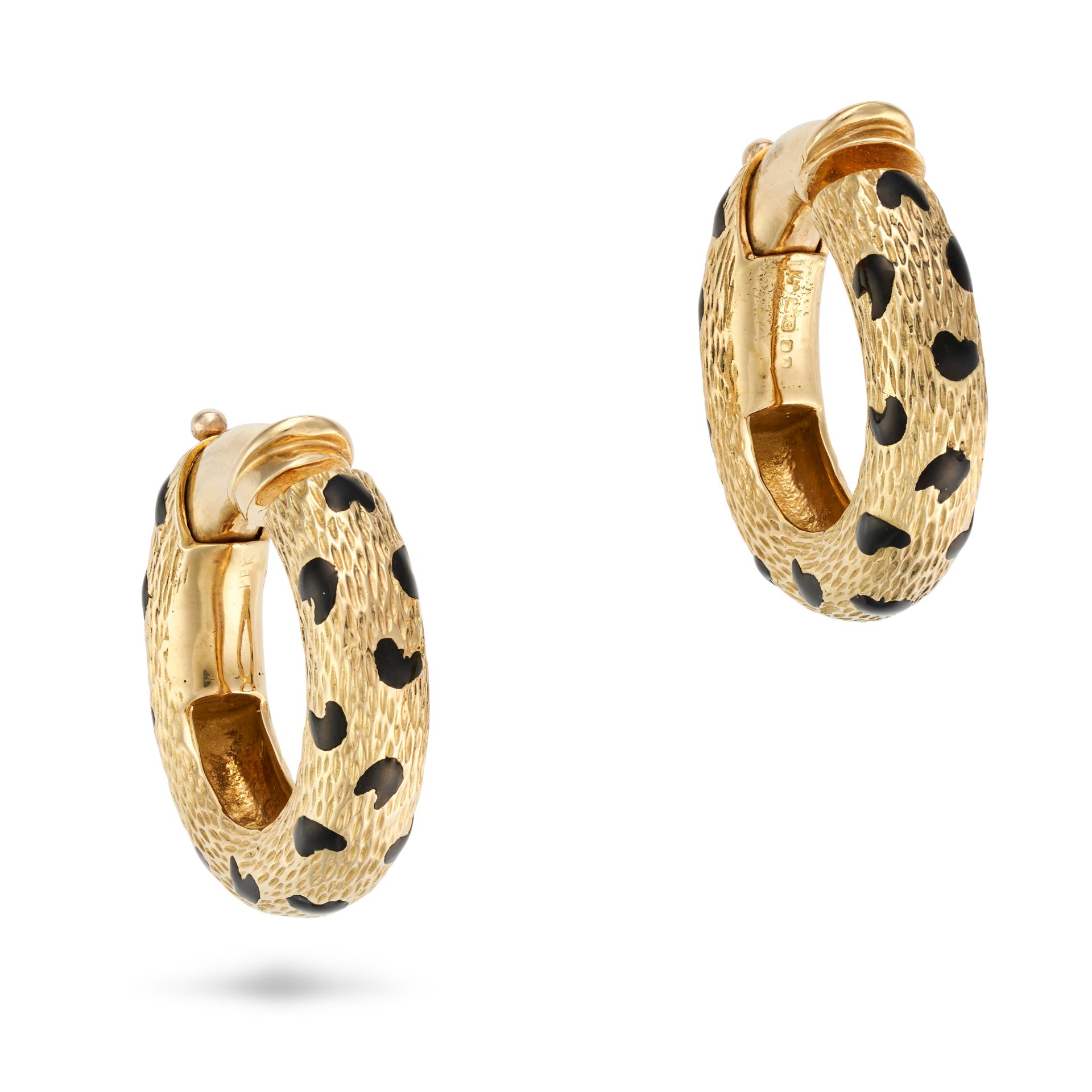 KUTCHINSKY, A PAIR OF ENAMEL LEOPARD SPOT CLIP HOOP EARRINGS, 1971 in 18ct yellow gold, each text...