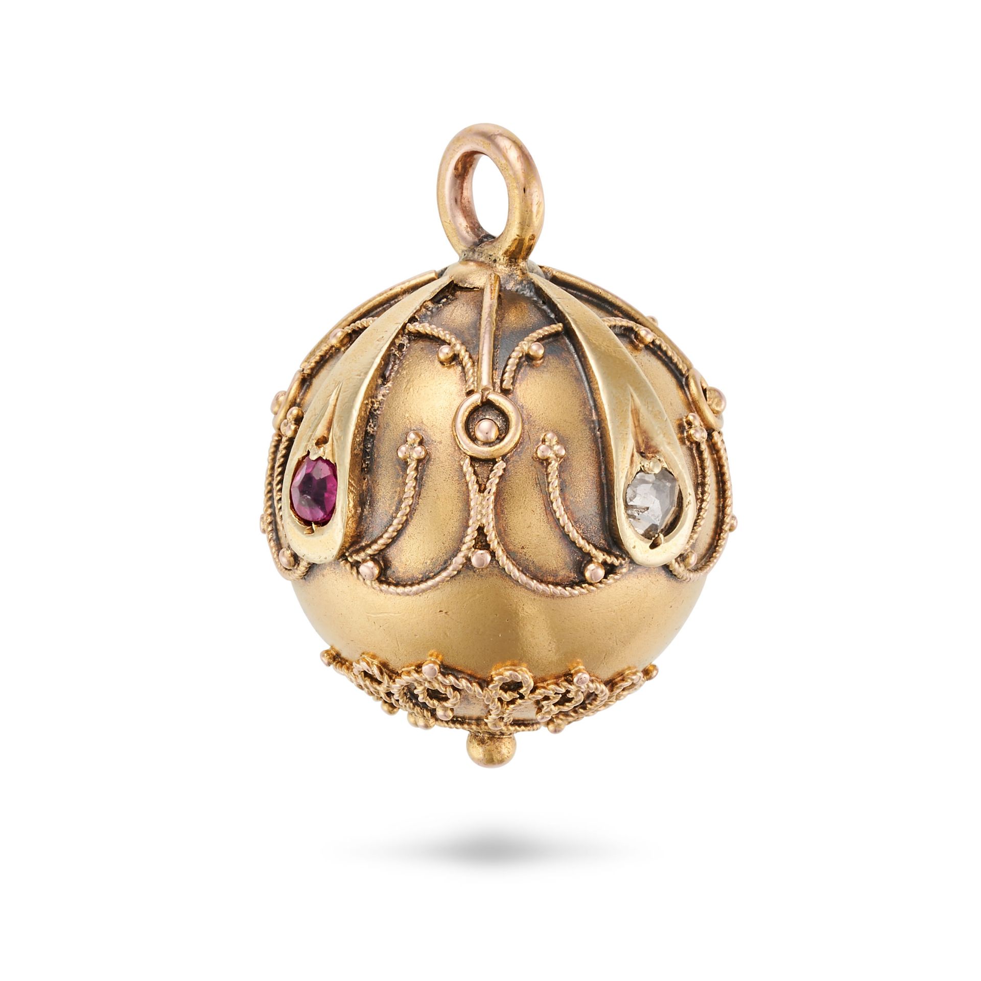 NO RESERVE - AN ANTIQUE SAPPHIRE, RUBY AND DIAMOND PENDANT in high carat yellow gold, designed as...